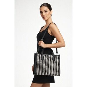 Guess Silvana Woven Faux Leather Silver Tone Tote Bag Crossbody
